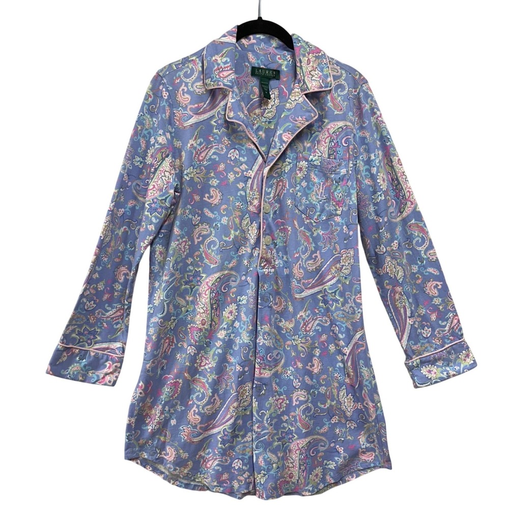 Lauren Ralph Lauren Sleep Shirt M Blue Paisley Nightgown LRL Logo Tunic Lounge